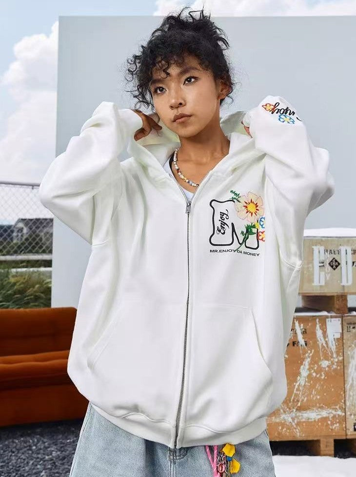 MEDM Chain Embroidered Flower Large M Zipper Hoodie