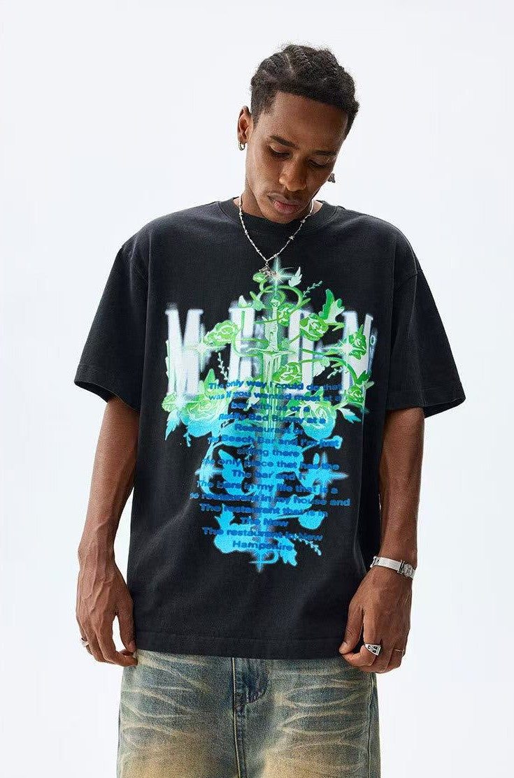 MEDM Rose and Sword Print Short-sleeve T-Shirt