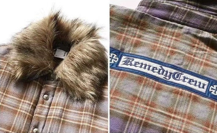 REMEDY Thickened Gradient Distressed Plaid Fur Collar Cotton Coat