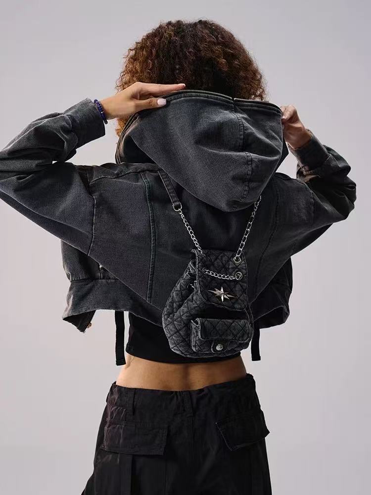 REMEDY Retro Distressed Washed Denim Backpack Hooded Jacket (For Women)