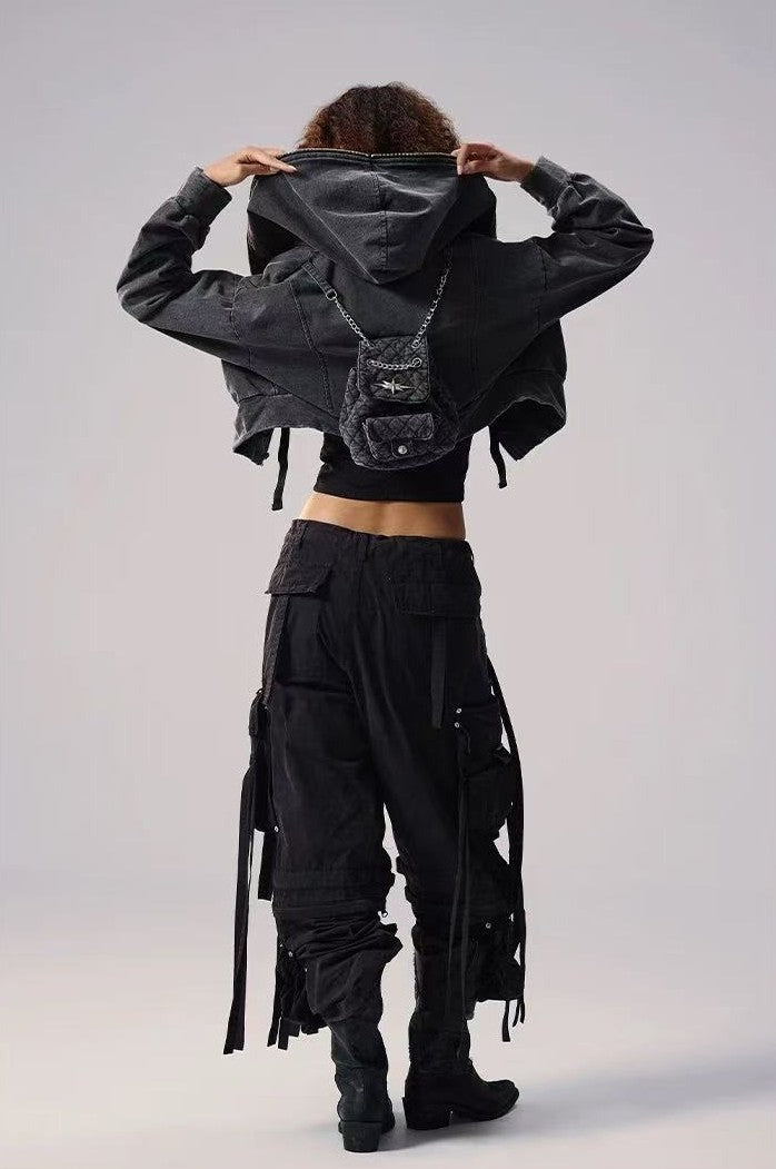 REMEDY Retro Distressed Washed Denim Backpack Hooded Jacket (For Women)