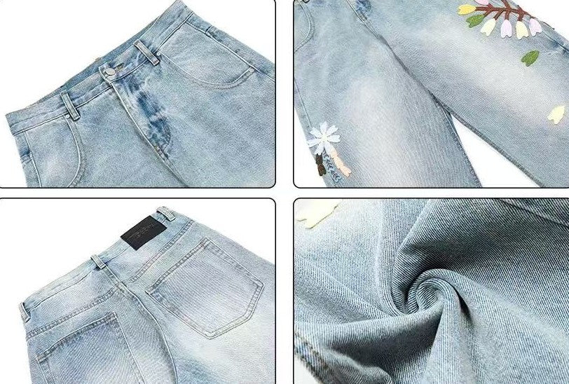 ACHOCK Floral Embroidered Heavy Duty Jeans
