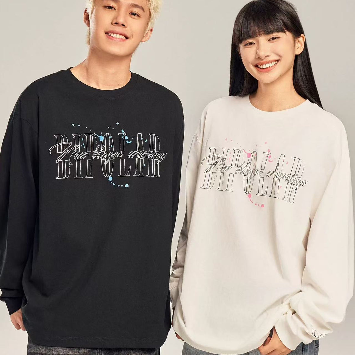 BIPOLAR Ink Print Loose Couple Long-sleeve T-shirt