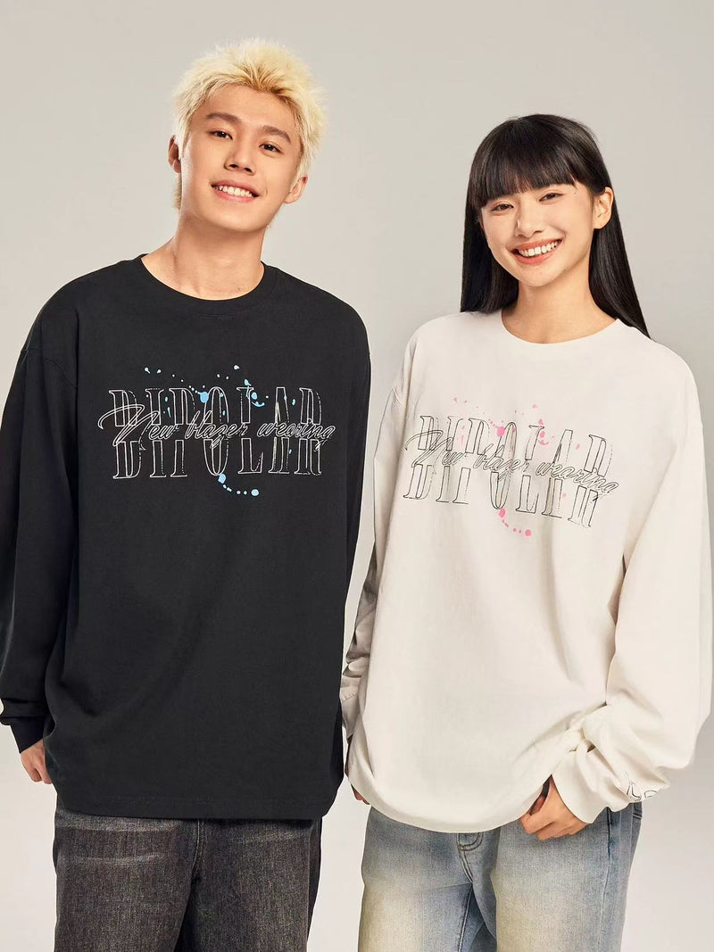BIPOLAR Ink Print Loose Couple Long-sleeve T-shirt