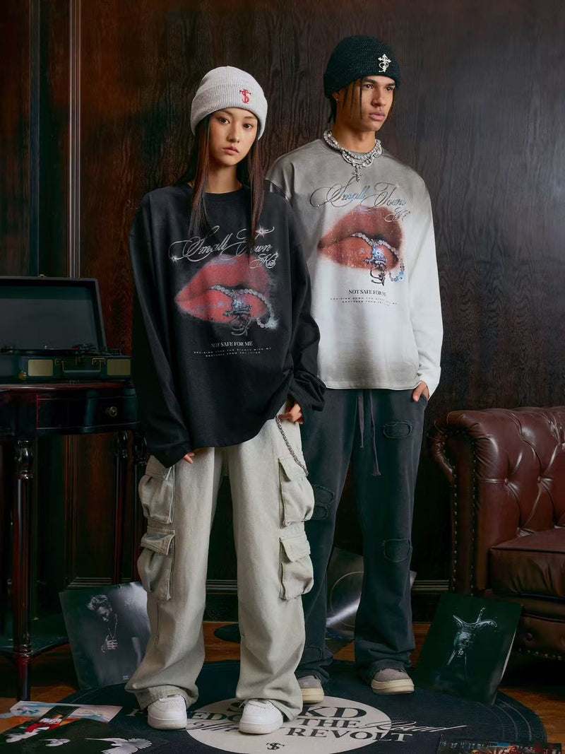 STK Vintage Dirty Wash Glitter Lip Long-Sleeve T-Shirt