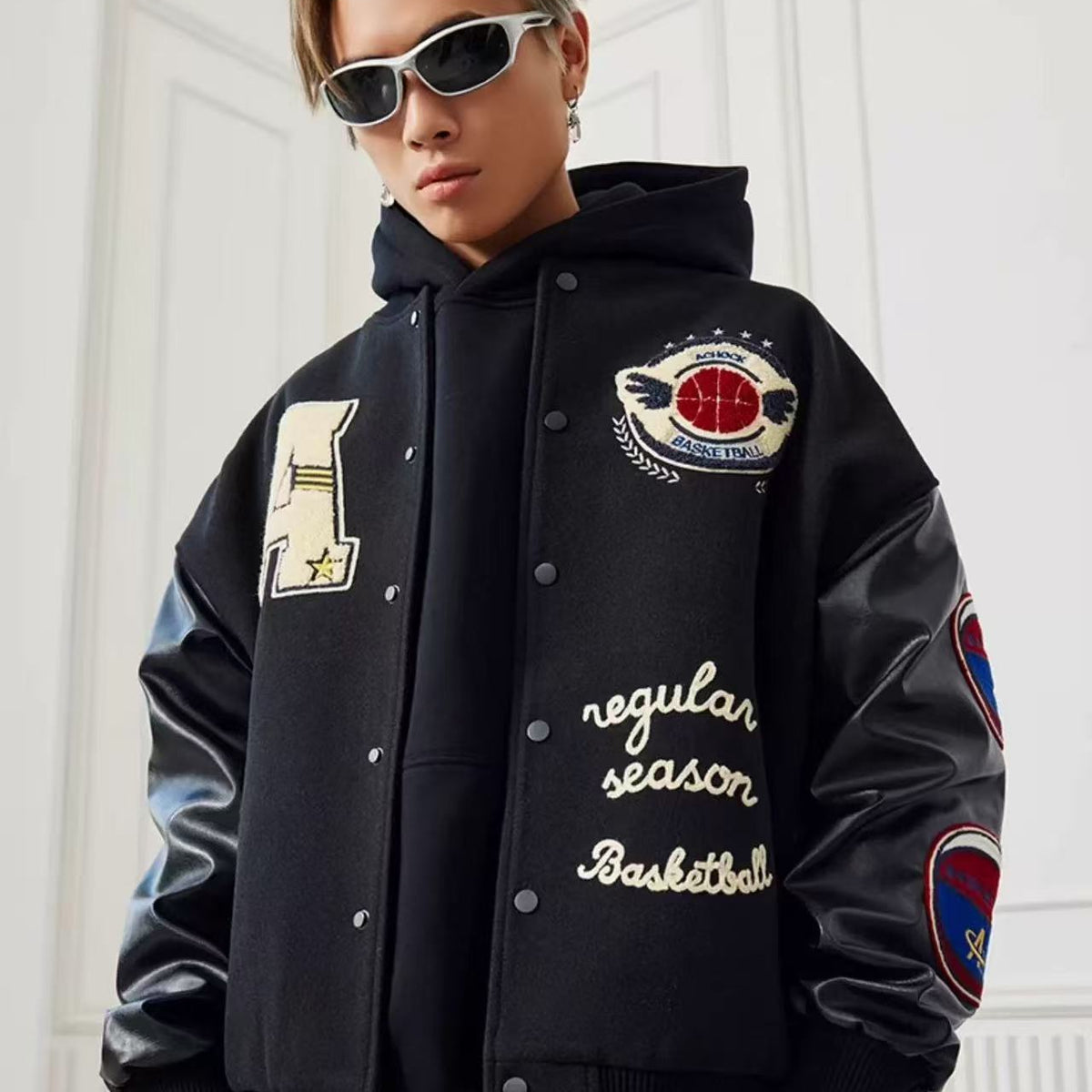 ACHOCK Hip-hop Heavy Letters Embroidery Varsity Jacket