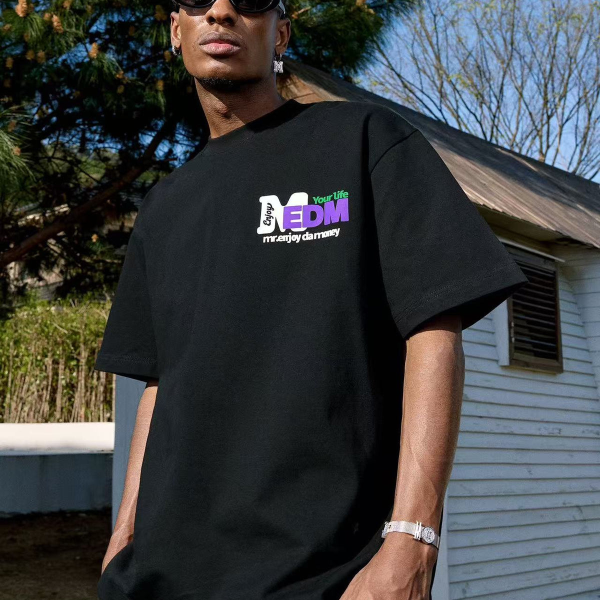 MEDM Retro Graffiti Letters Print Logo Short-sleeve T-Shirt