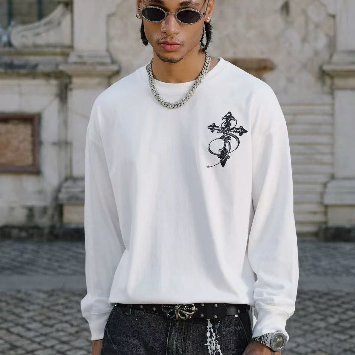 STK Vintage Black and White Cross Long-Sleeve T-Shirt