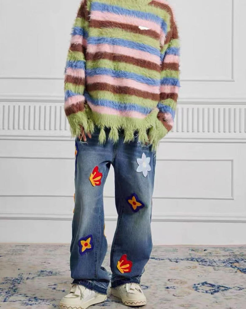 ACHOCK Creative Letter Petal Embroidered Jeans