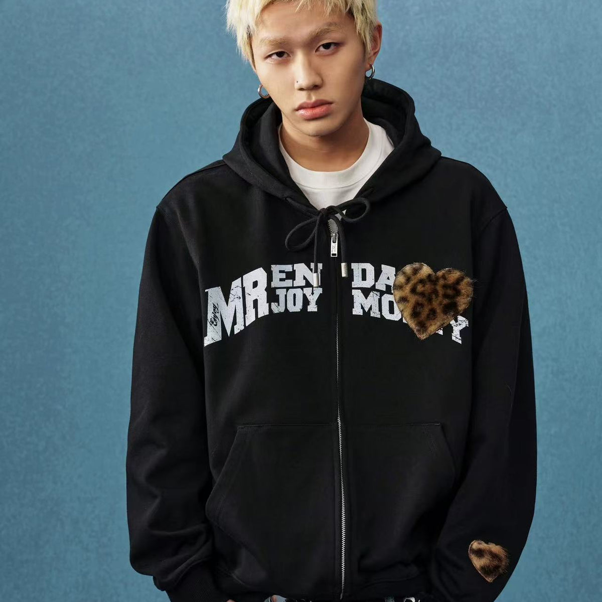 MEDM Distressed Font Heart Plush Leopard Print Zip Hoodie