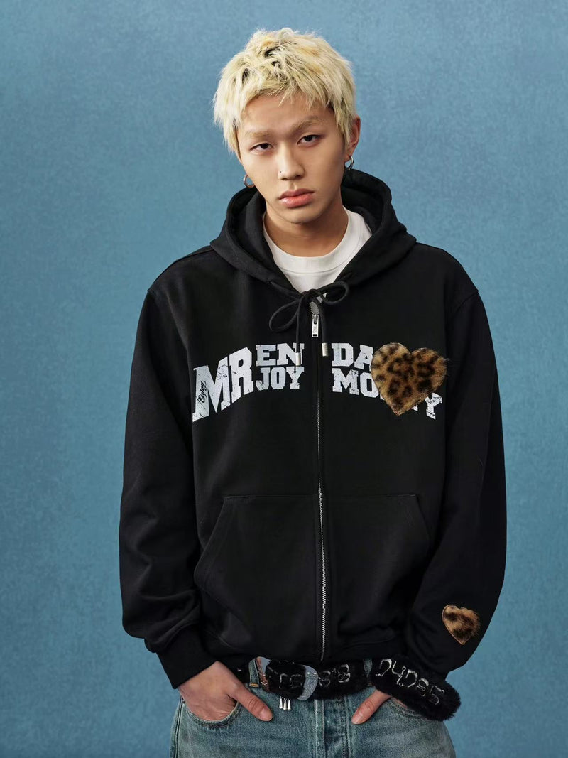 MEDM Distressed Font Heart Plush Leopard Print Zip Hoodie
