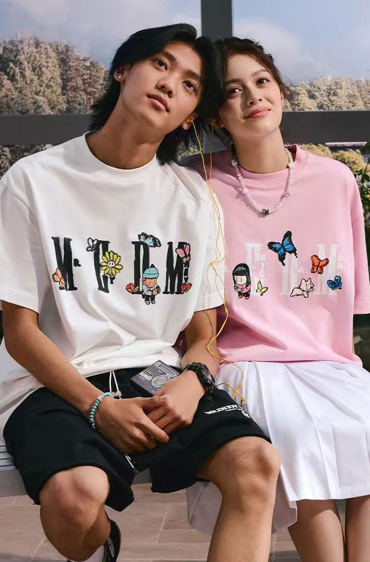 MEDMxNewmasus Butterfly Floral Print Short-sleeved T-shirt