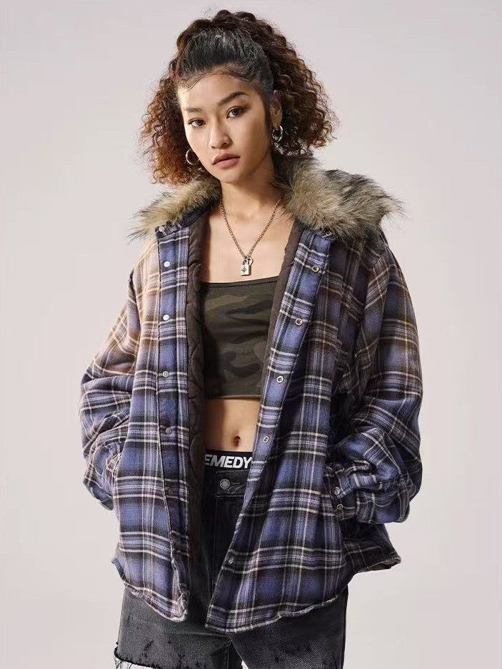 REMEDY Thickened Gradient Distressed Plaid Fur Collar Cotton Coat