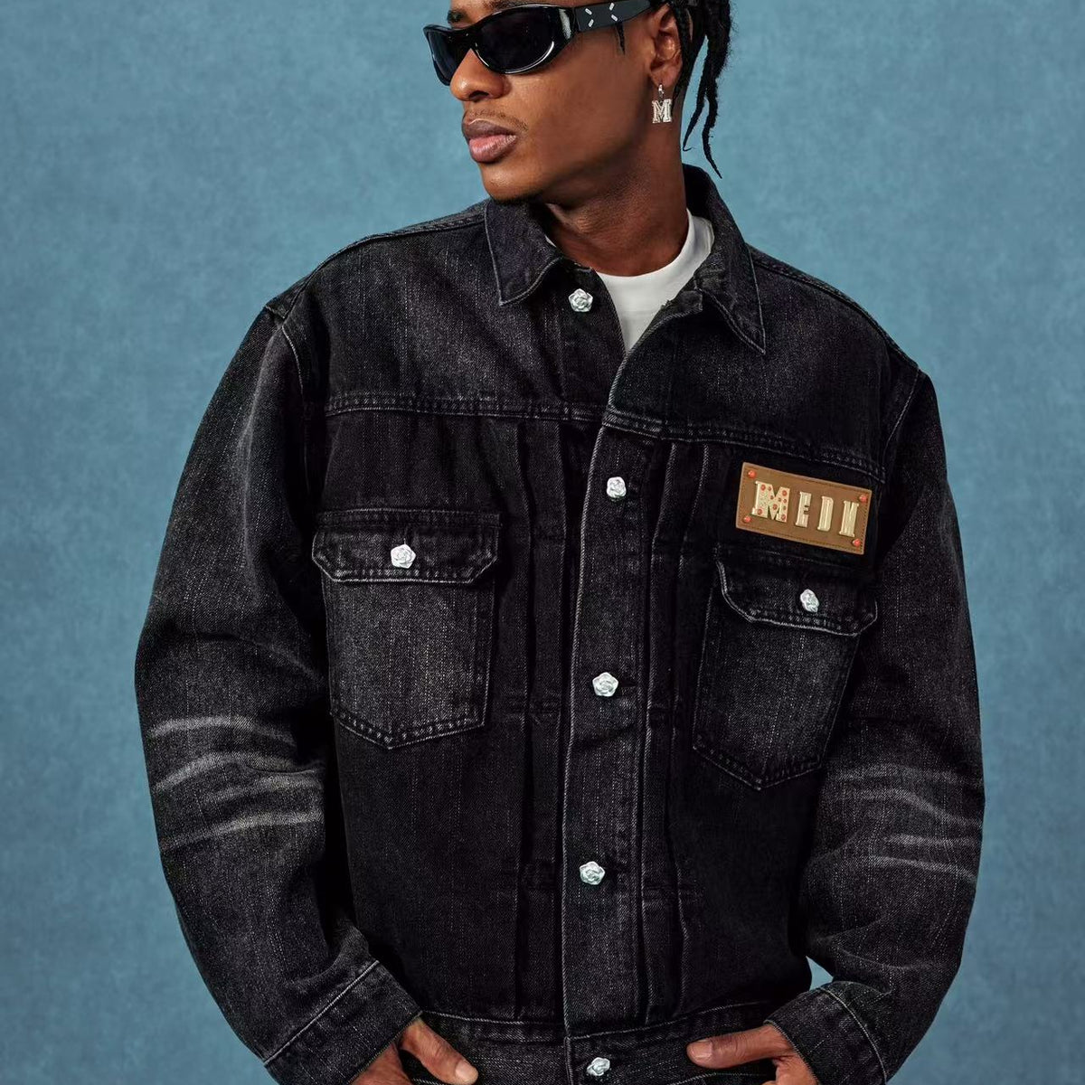 MEDM Leather Patch Distressed Washed Denim Jacket