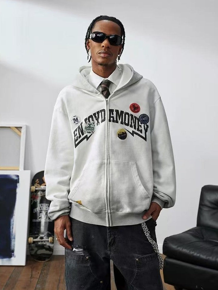 MEDM Hunting Theme Distressed Washed Zipper Hoodie