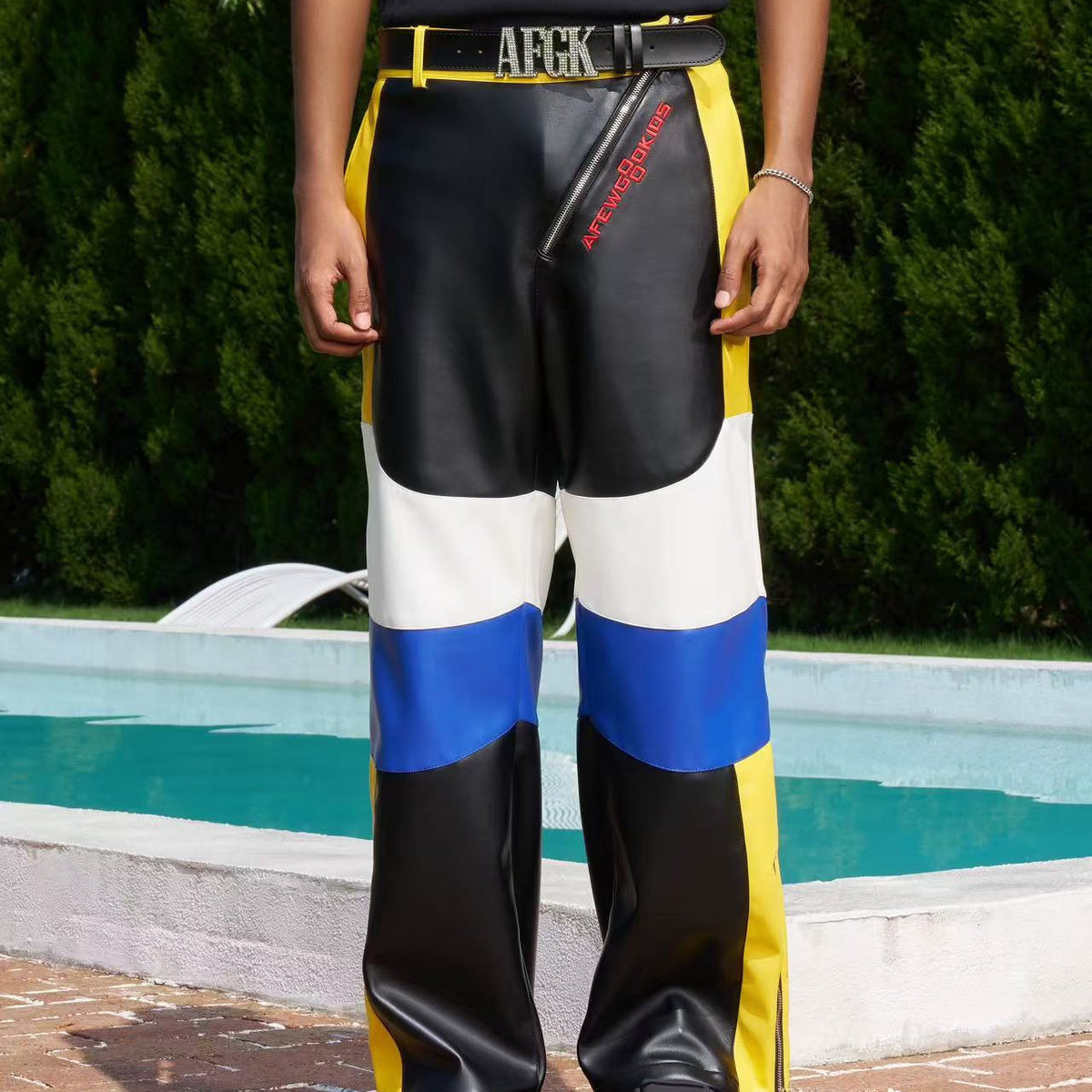 AFGK Street Black and Yellow Contrast Zipper Leather Pants