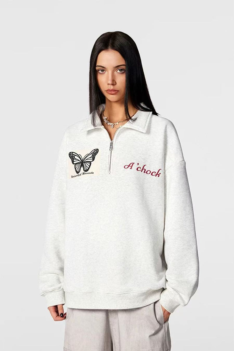 ACHOCK Heavy Butterfly Patch Embroidered Zipper Sweatshirt