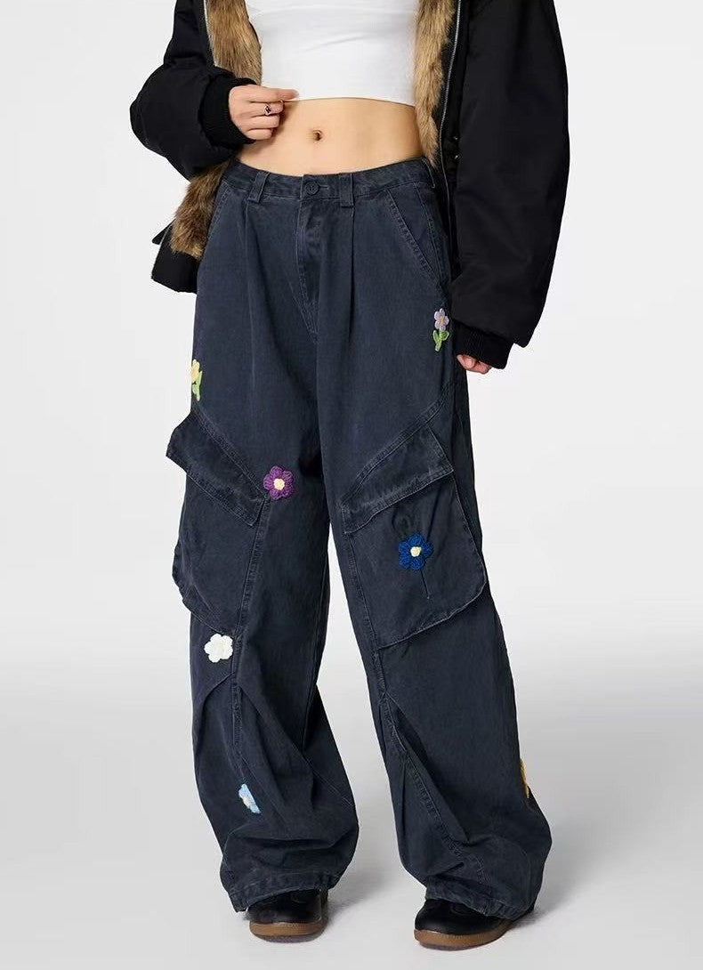 ACHOCK Vintage Multi-pocket Floral Embroidered Paratrooper Pants