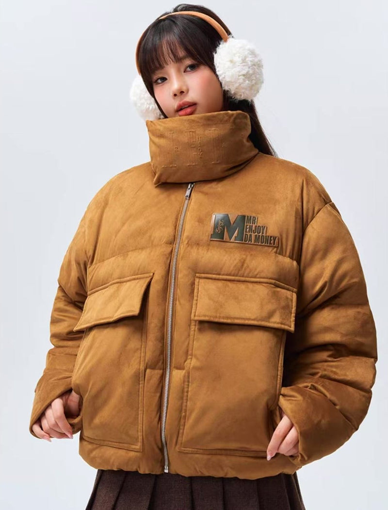 MEDM Logo Embossed Leather Label Scarf Down Jacket