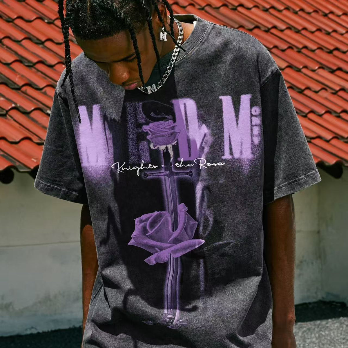 MEDM Sword and Rose" Thermosetting Oil Printed Short-sleeved T-shirt