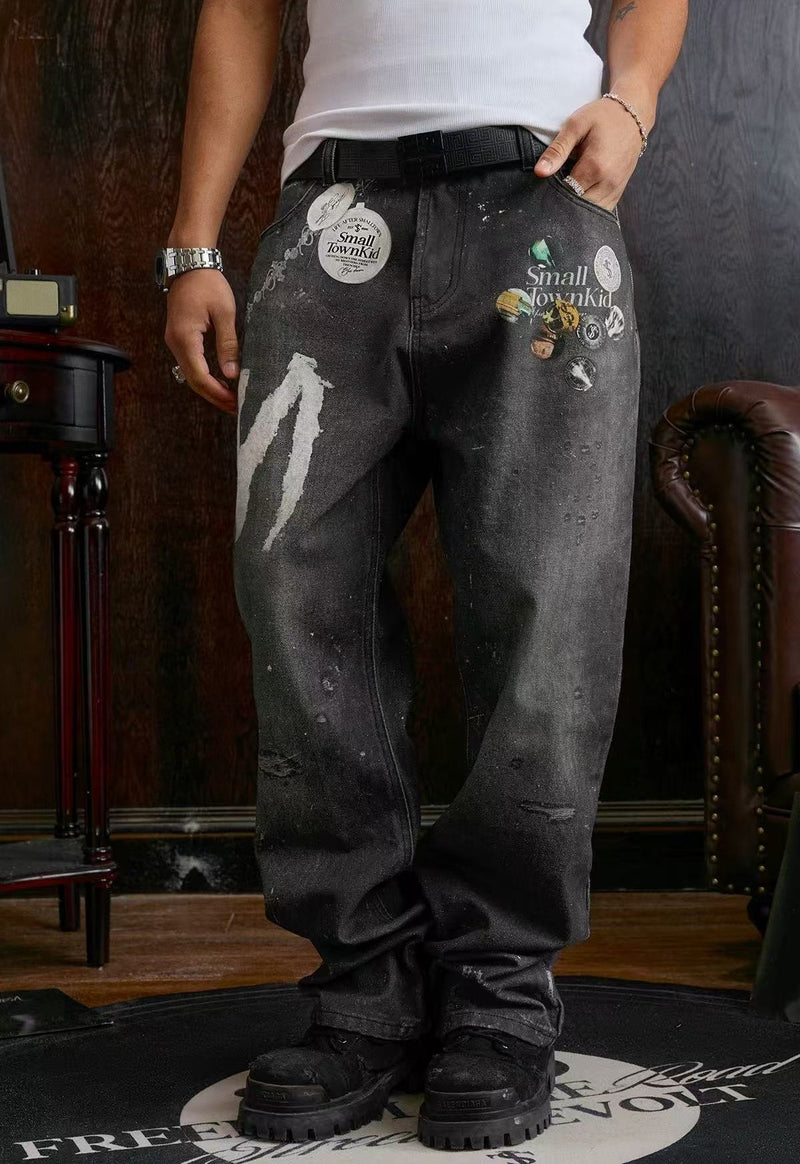 STK Vintage Distressed Wash 3D Badge Print Jeans