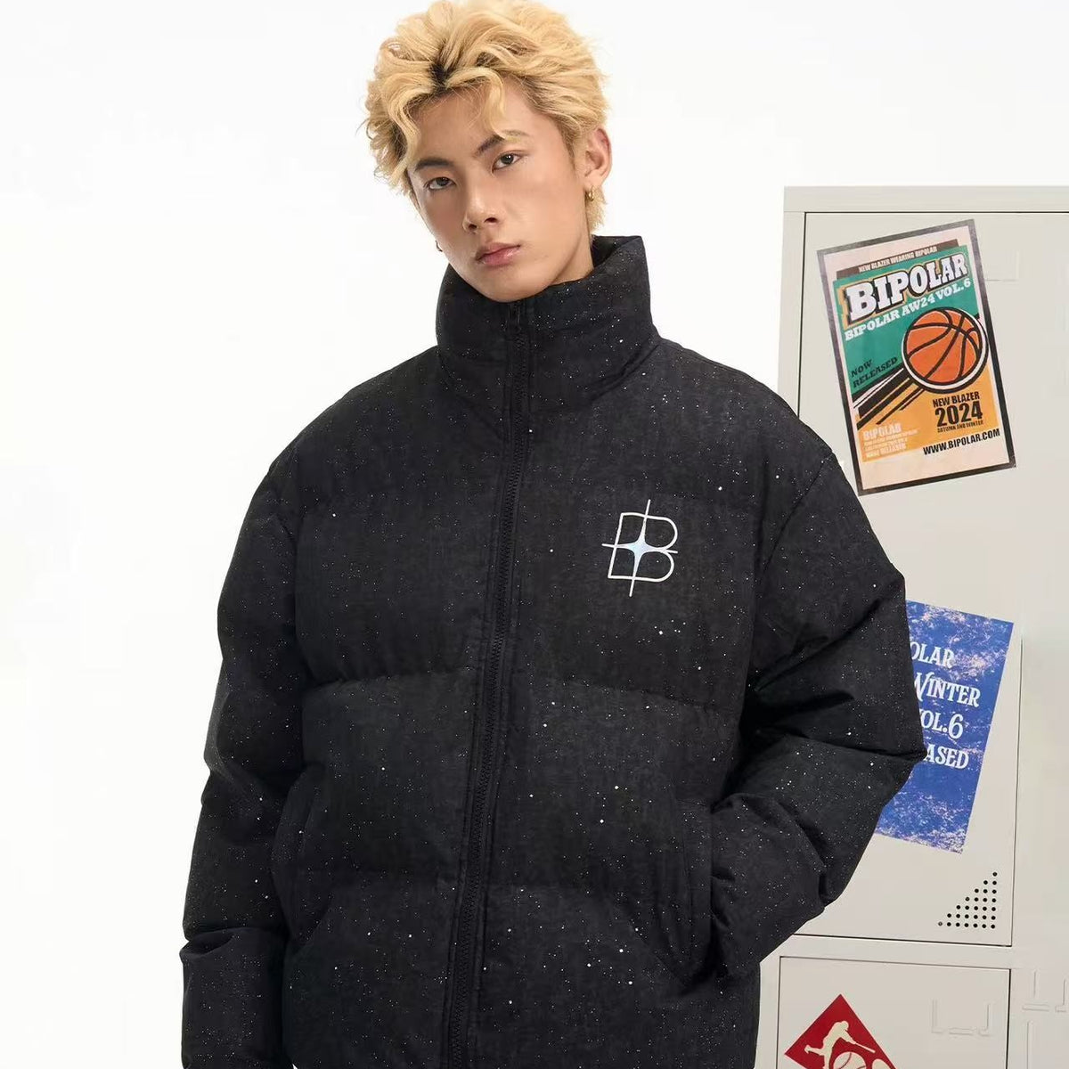 BIPOLAR Four-pointed Star Black Starry Sky Cotton Jacket