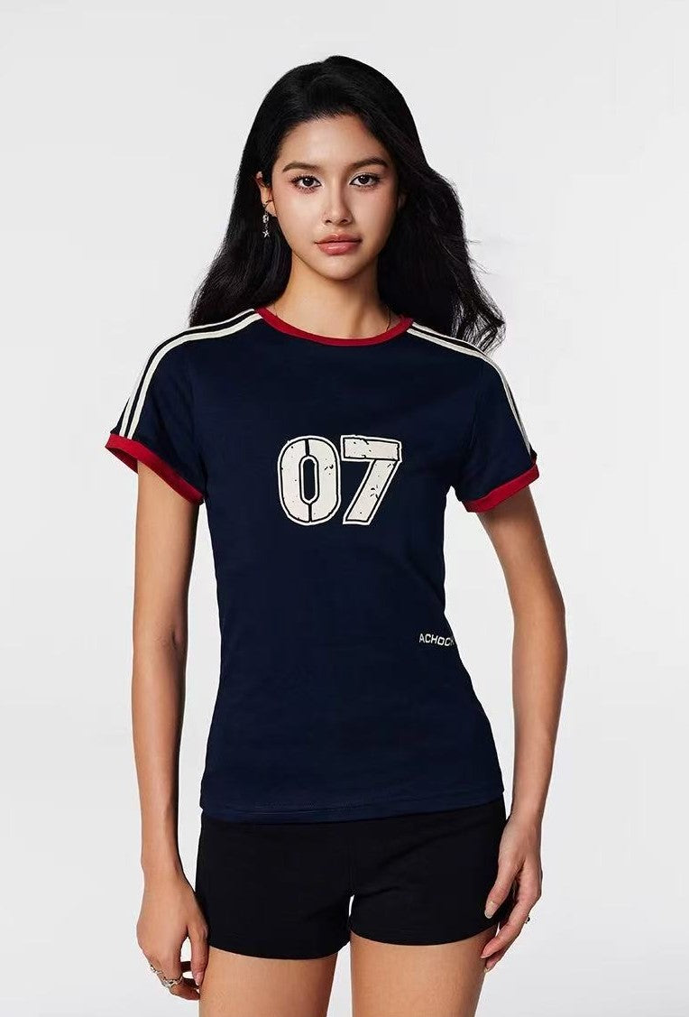 ACHOCK Retro Contrast Stripe Stitching Slimming Short-sleeved T-shirt (For Women)