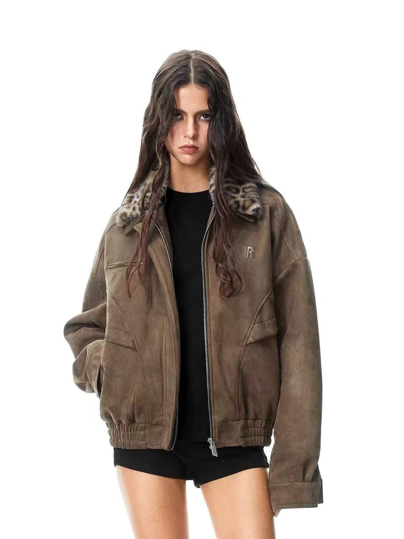 FDR  Suede Leopard Print Contrast Lapel Cardigan Jacket