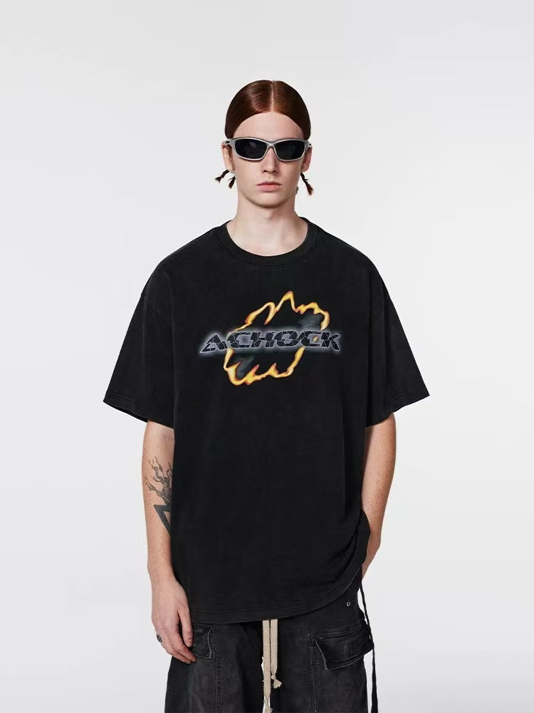 ACHOCK Washed Distressed Flame Print T-shirts