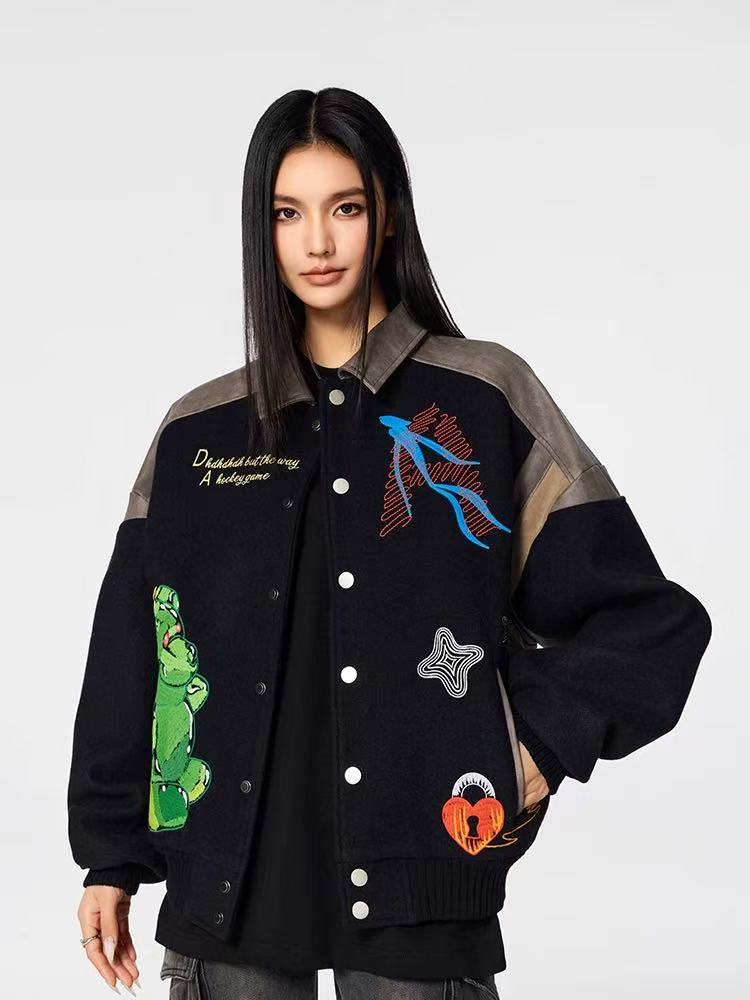 ACHOCK Heavy-duty Cartoon Embroidered Baseball Jacket