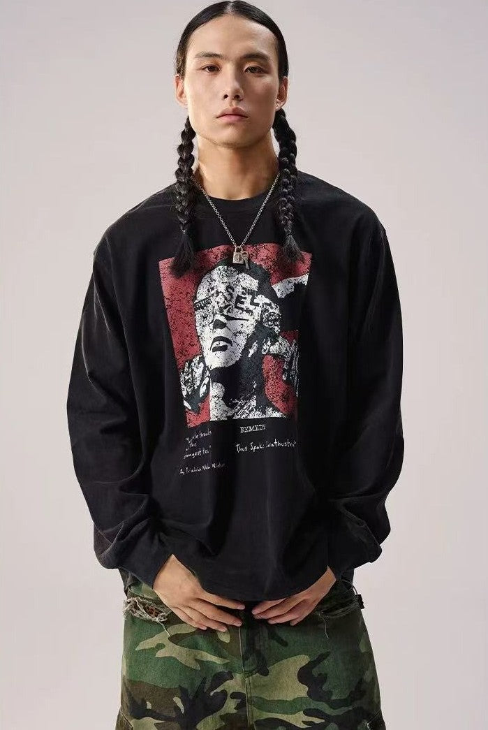 REMEDY Retro Distressed Printing Long-sleeve Tee