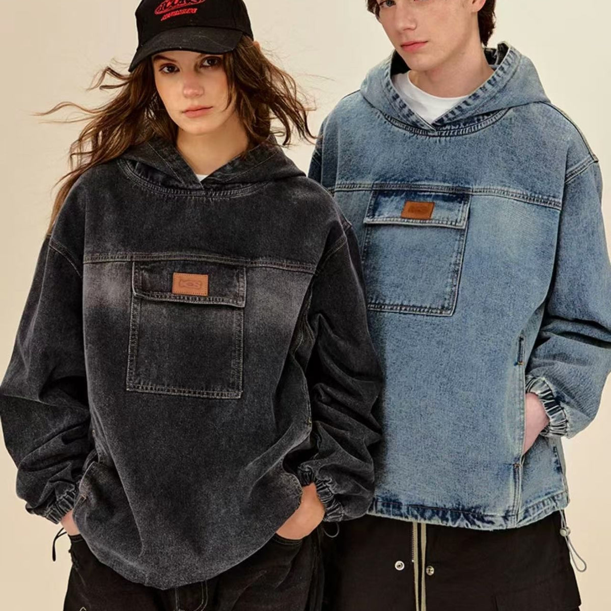 ICONSLAB Washed Denim Drawstring Split Hoodie