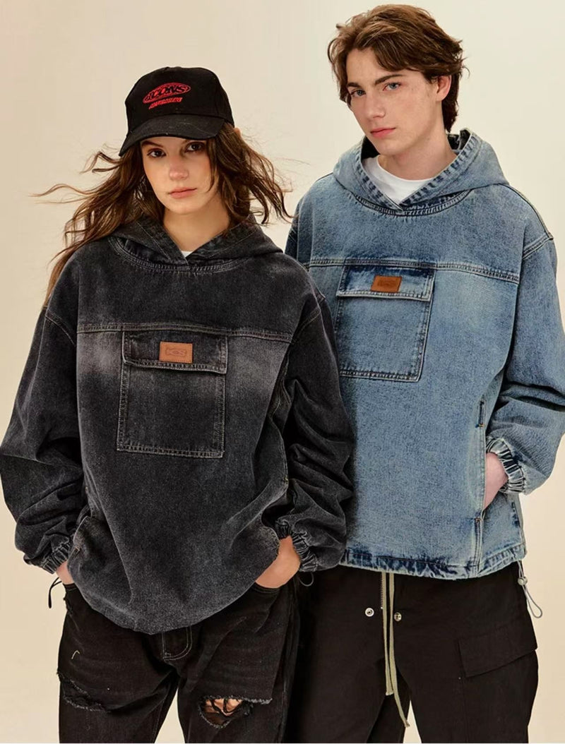 ICONSLAB Washed Denim Drawstring Split Hoodie