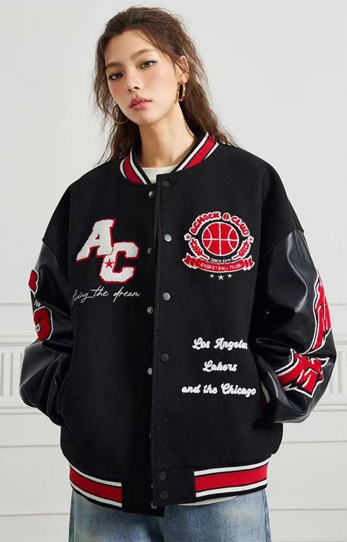 ACHOCK Retro Stitching Flocked Embroidery Varsity Jacket