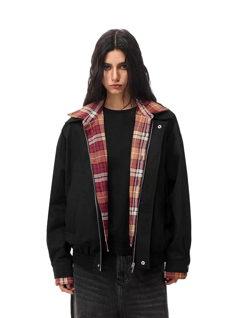FDR Contrast Patchwork Plaid Fake Two-piece Jacket