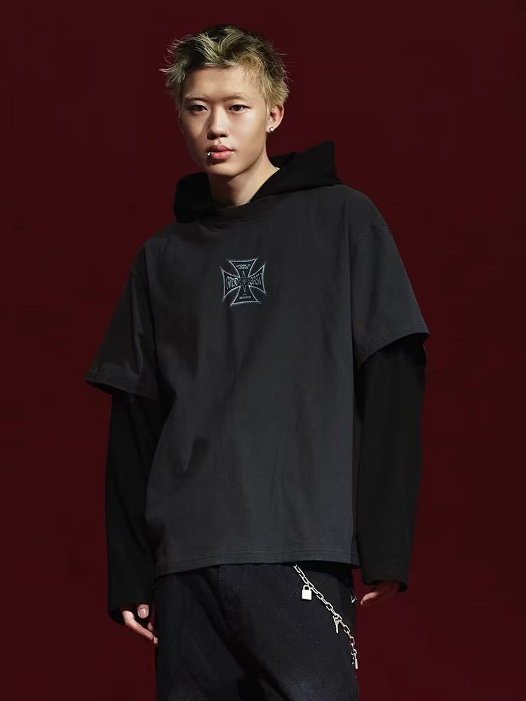 REMEDY Retro Fake Two-piece Hooded Long-sleeved T-shirt