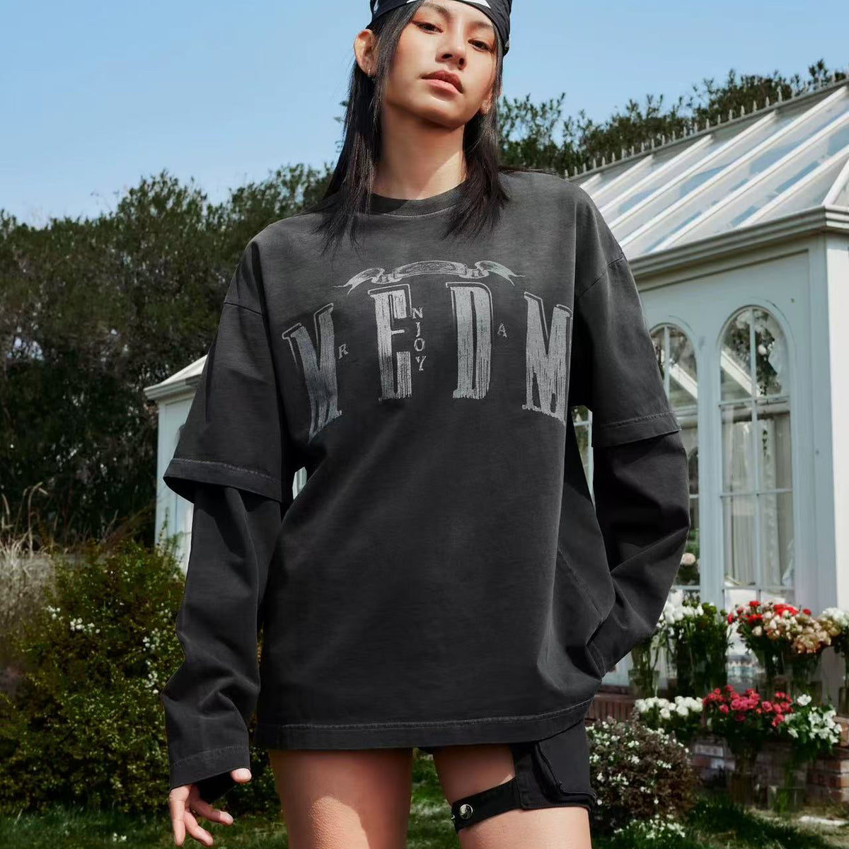 MEDM Washed Distressed Two-piece Long-sleeved T-shirt