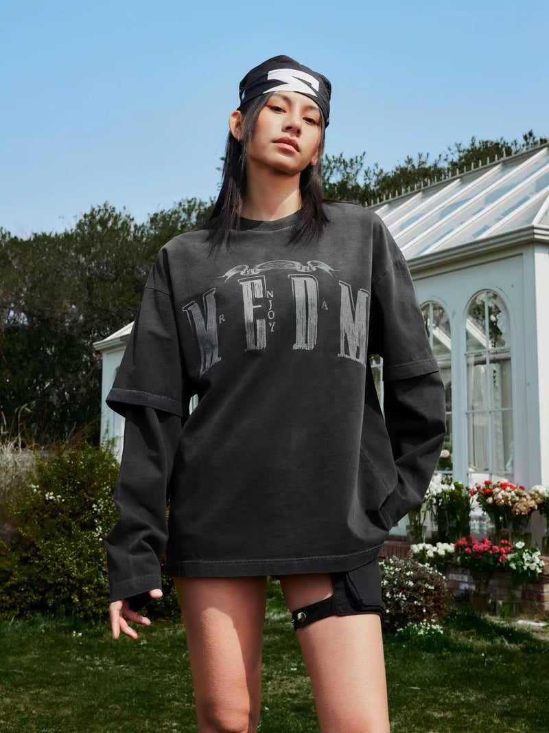 MEDM Washed Distressed Two-piece Long-sleeved T-shirt