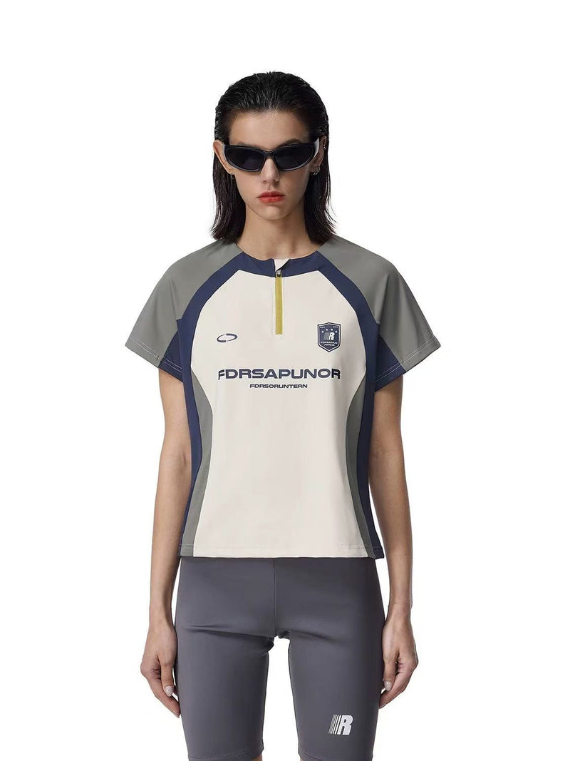 FDR Patchwork Zipper Short Sleeve T-shirt (For Women)