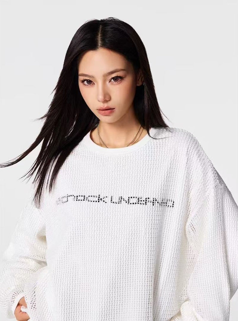 ACHOCK Fake Two-piece Heavy-duty Hollow Printed Long-sleeved T-shirt