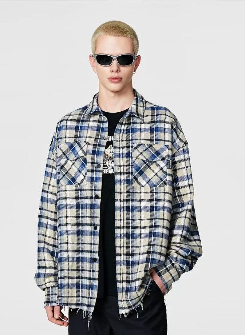 ACHOCK Retro Plaid Tassel Long-sleeve Shirt
