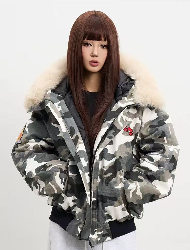 AFGK Camouflage Fur Collar Cotton Jacket