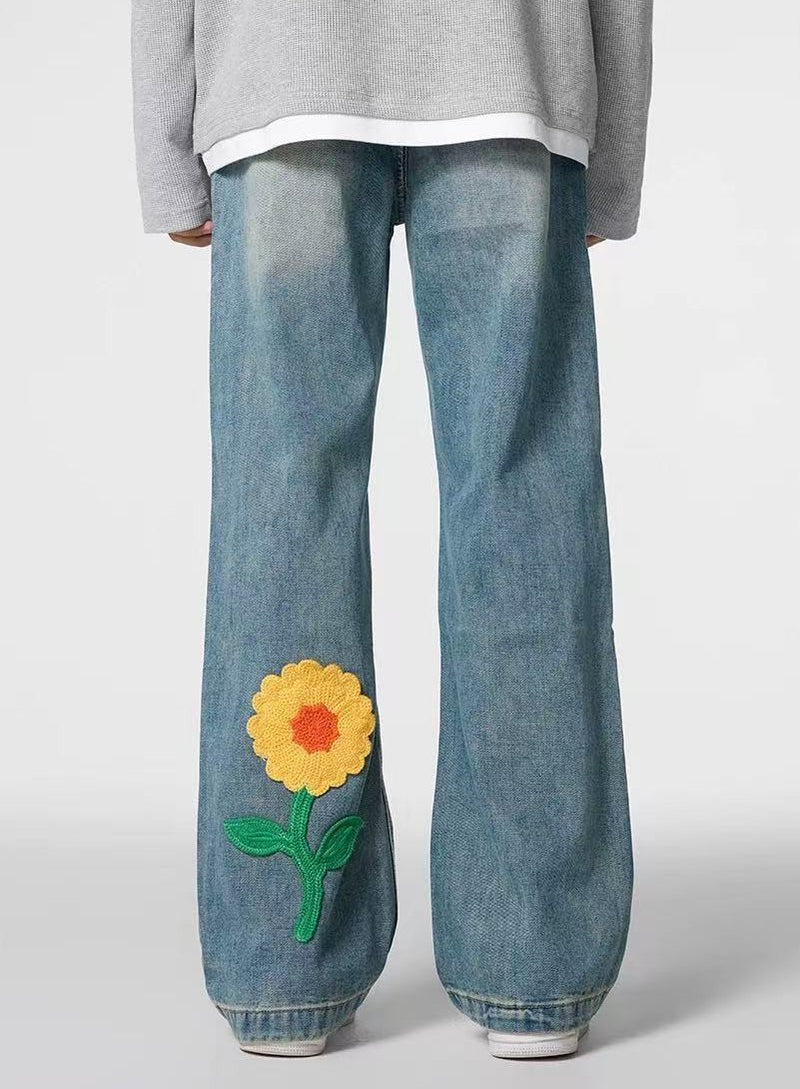 ACHOCK Creative Petal Embroidered Jeans
