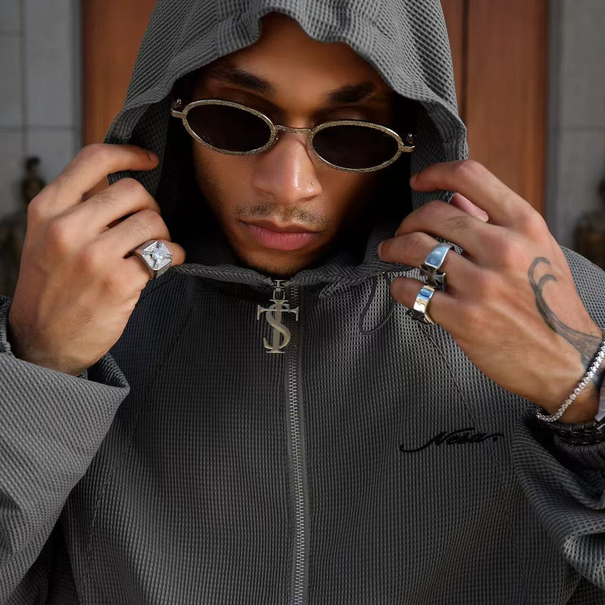 STK Vintage Ruched Split Hooded Jacket