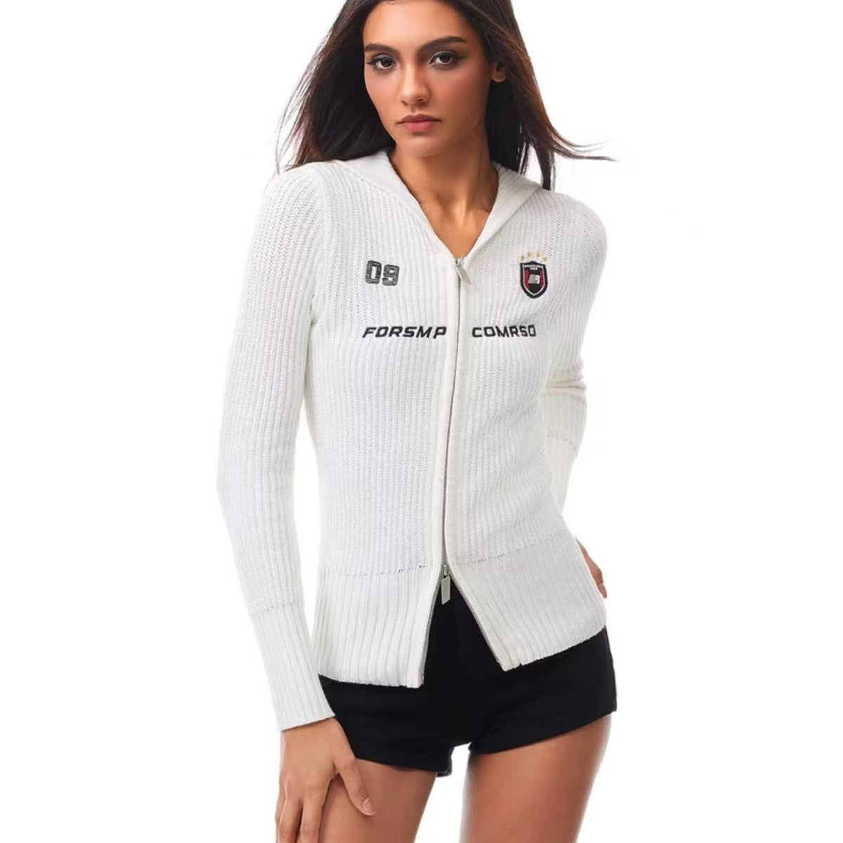 FDR Slim Fit Badge Knitted Zipper Hoodie (For Women)