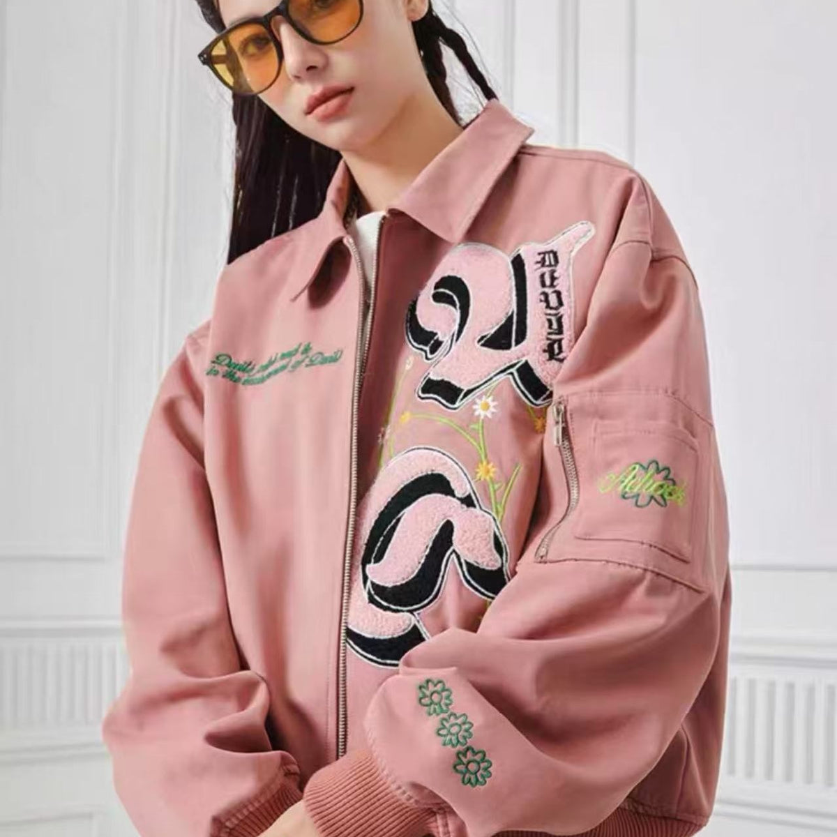 ACHOCK High Street Lettering Flocked Bomber Jacket