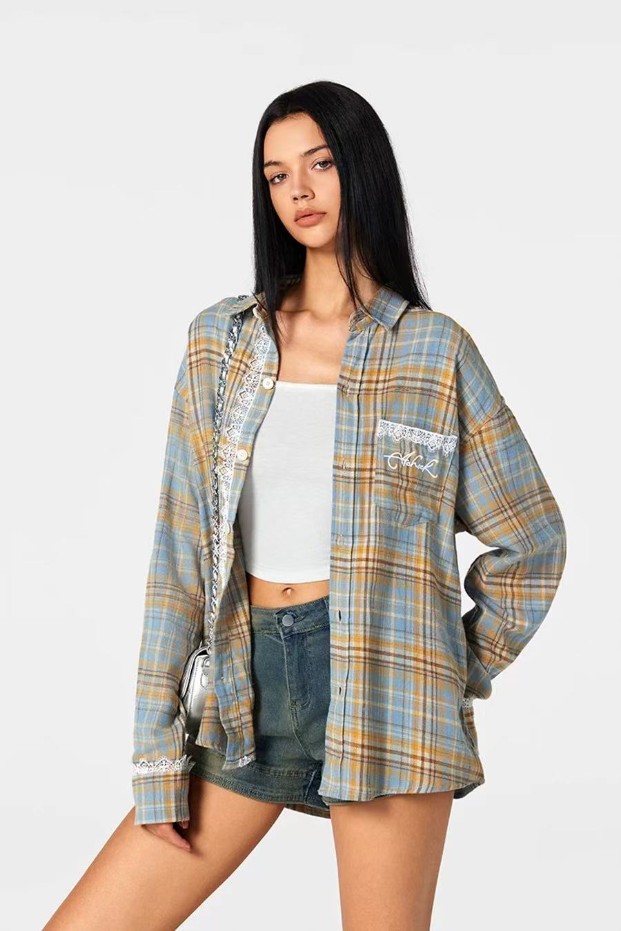 ACHOCK Retro Plaid Lace Splicing Long-sleeve Shirt