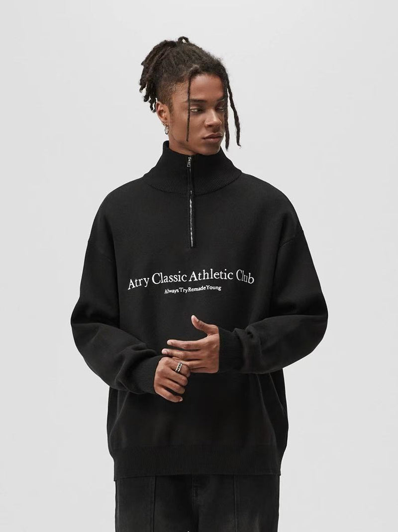 ATRY Slogan Embroidered  Polo Zipper Sweater