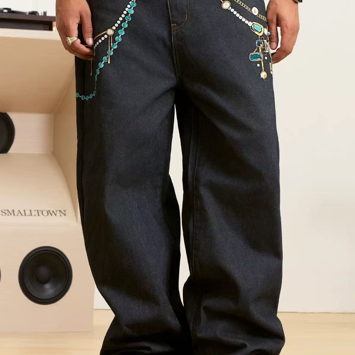 STK Heavy Work 3D Turquoise Pearl Printed Jeans