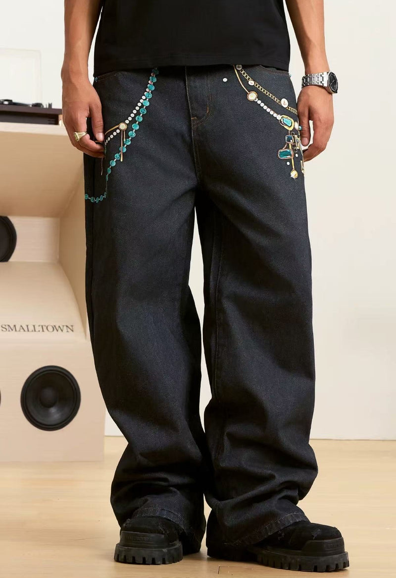 STK Heavy Work 3D Turquoise Pearl Printed Jeans